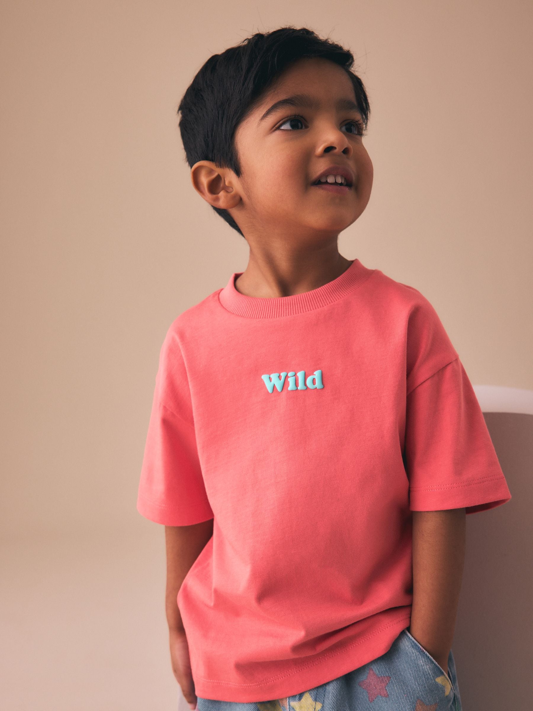 Buy Coral Pink Wild Slogan Short Sleeve Small Graphic T-Shirt