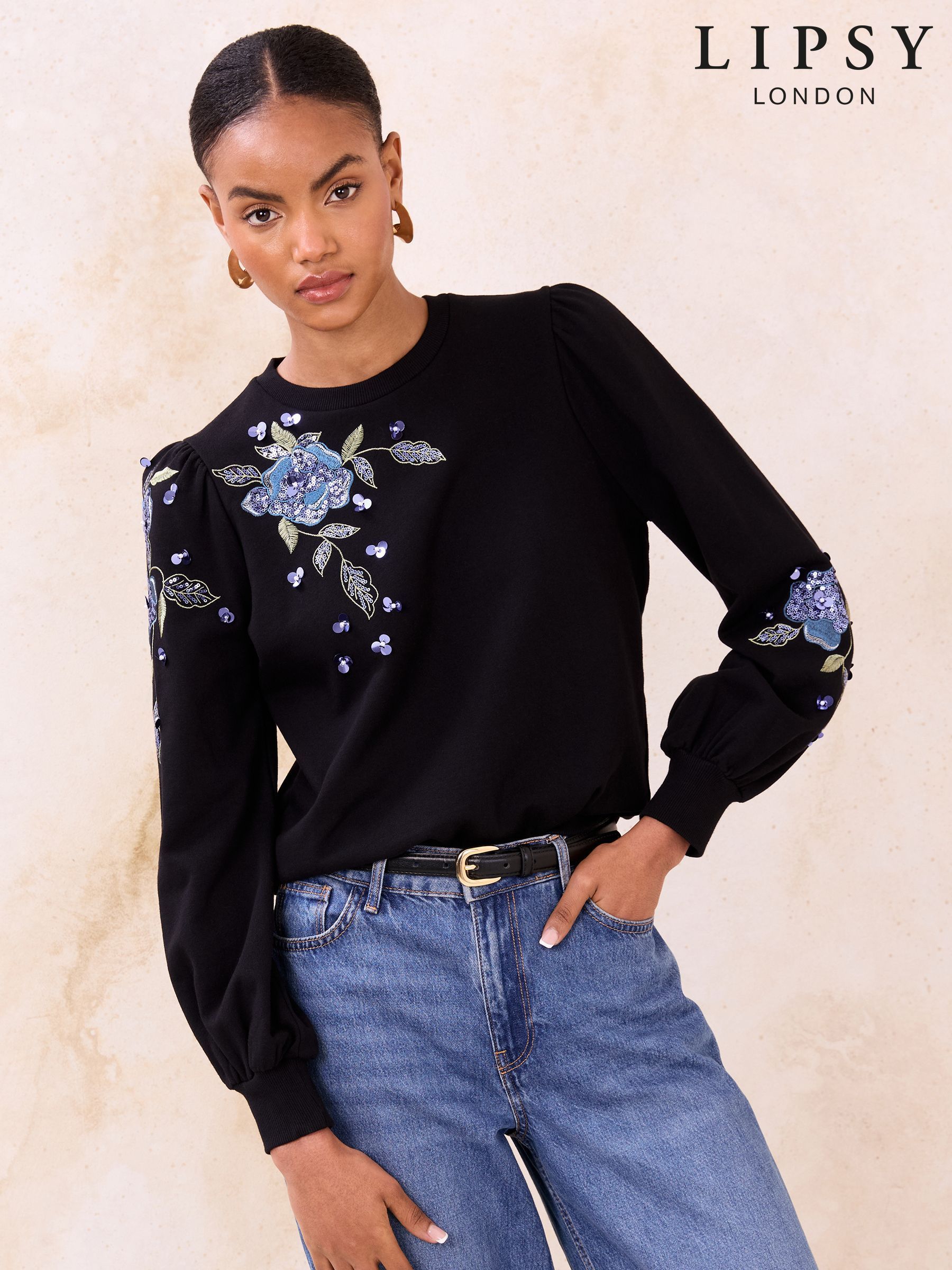 Buy Lipsy Black Embroidered Floral Sequin Corded Floral Sweatshirt