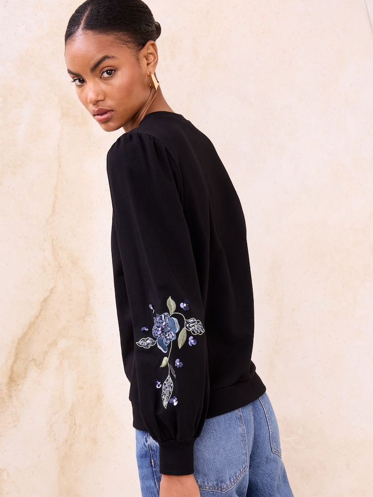 Lipsy Black Embroidered Floral Sequin Sweatshirt - Image 2 of 5