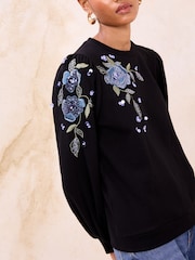 Lipsy Black Embroidered Floral Sequin Sweatshirt - Image 3 of 5