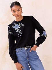 Lipsy Black Embroidered Floral Sequin Sweatshirt - Image 4 of 5