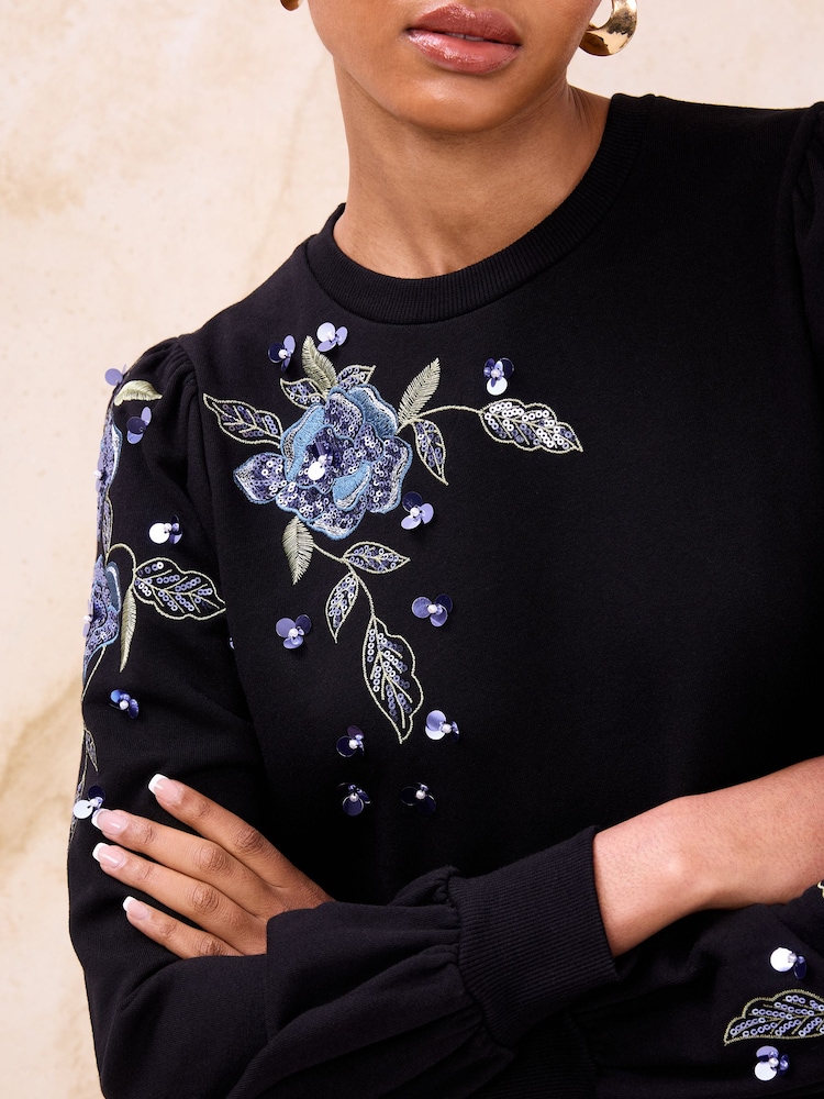 Lipsy Black Embroidered Floral Sequin Sweatshirt - Image 5 of 5