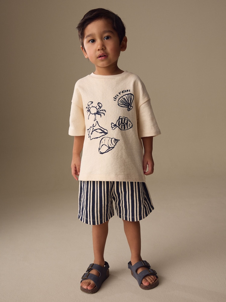 Ecru Textured Short Sleeve T-Shirt and Shorts Set (3mths-7yrs) - Image 1 of 4 Ecru Textured Short Sleeve T-Shirt and Shorts Set (3mths-7yrs) - Image 1 of 4