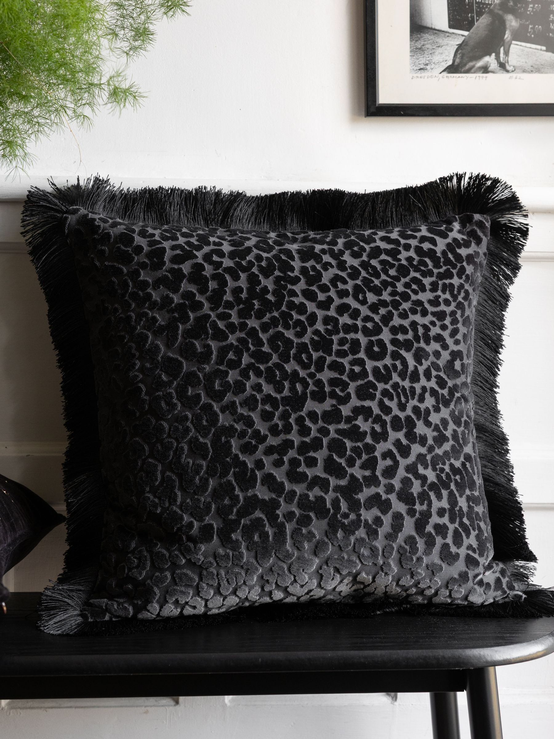 Rockett St George Black Leopard Love Cut Velvet Fringe Cushion - Size 50x50