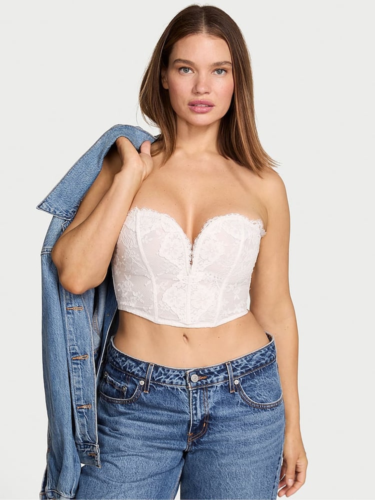 Victoria's Secret Coconut White Lace Deep V-Cropped Corset Top - Image 1 of 2