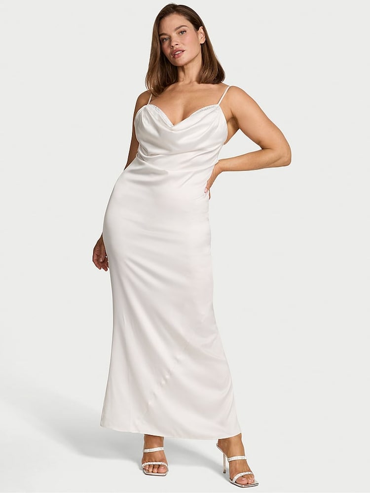 Victoria's Secret Coconut White Satin Sparkle Draped Maxi Slip Dress - Image 1 of 3