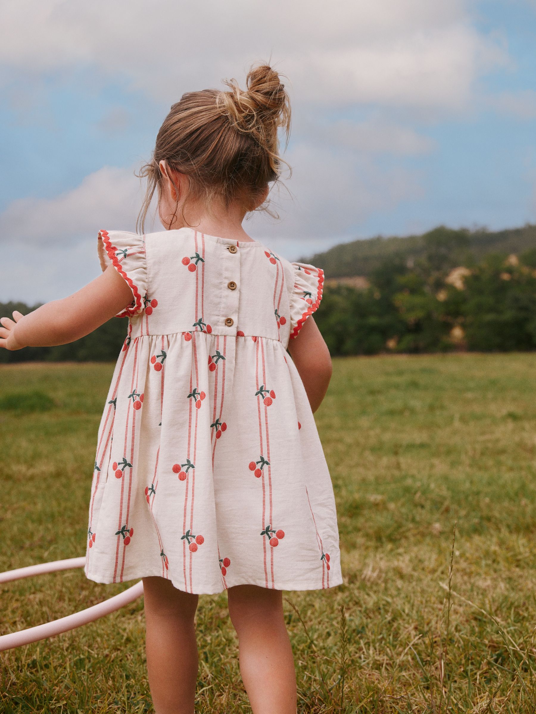 Buy Red/Ecru Cherry Ric Rac Frill Sleeve Dress (3mths-8yrs) from