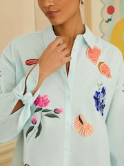 Love & Roses Blue Print Embroidered Button Through Long Sleeve Tie Cuff Shirt - Image 3 of 4