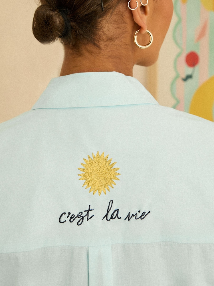 Love & Roses Blue Print Embroidered Button Through Long Sleeve Tie Cuff Shirt - Image 4 of 4