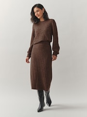 Laura Ashley Brown Textured Knitted Straight Midi Skirt - Image 1 of 3