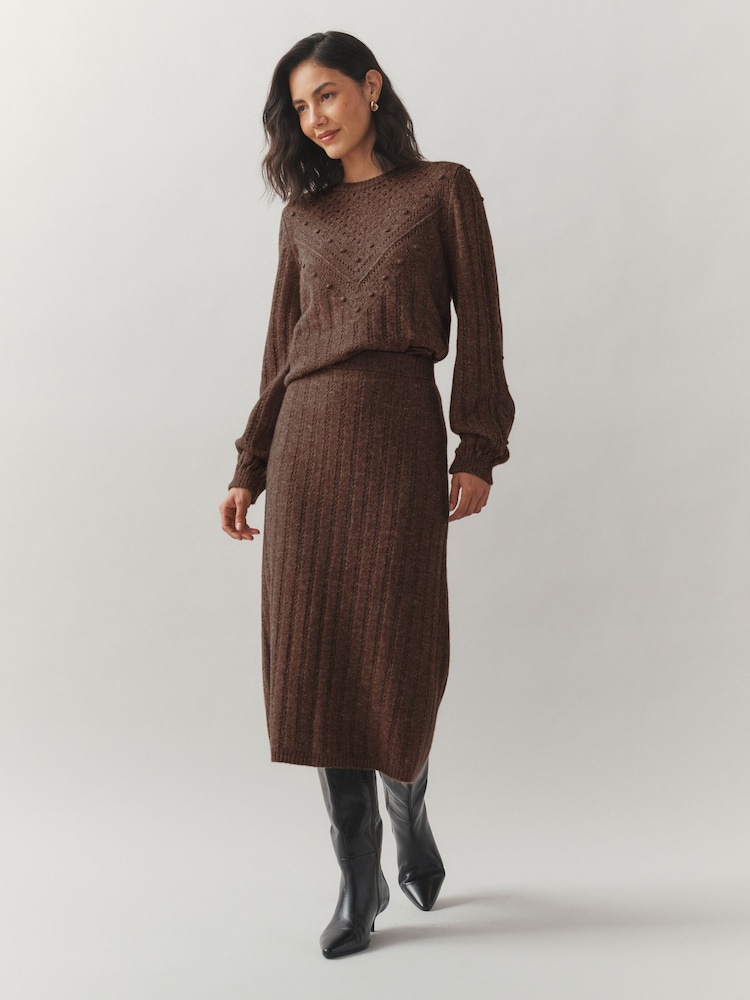 Laura Ashley Brown Textured Knitted Straight Midi Skirt - Image 1 of 3