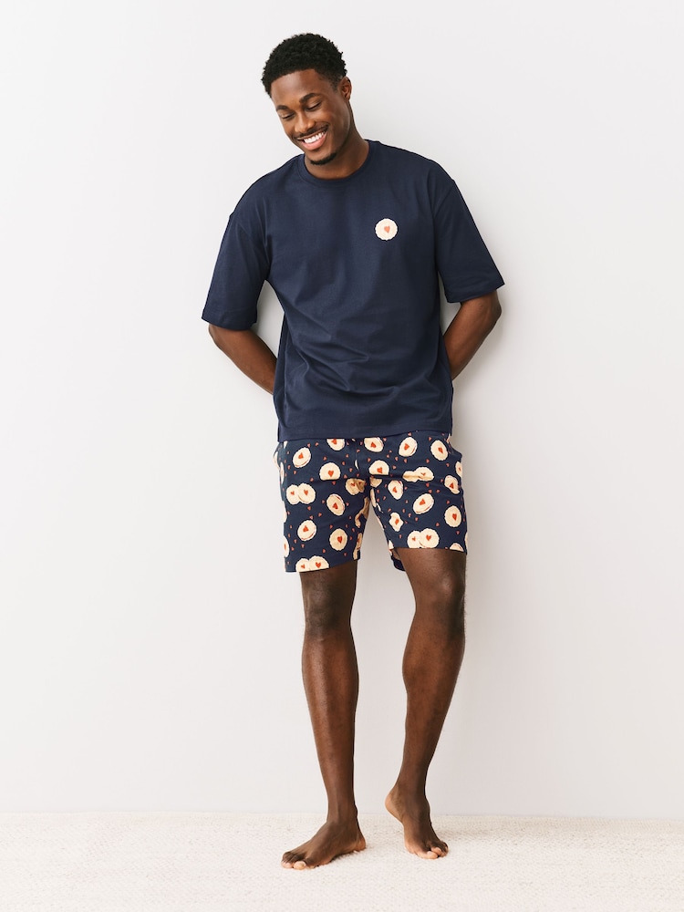 Navy Blue Printed Short Sleeve Jersey Pyjamas Set - Image 1 of 12