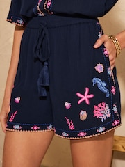 Love & Roses Navy Blue Seahorse Petite Embroidered Beach Shorts - Image 1 of 4