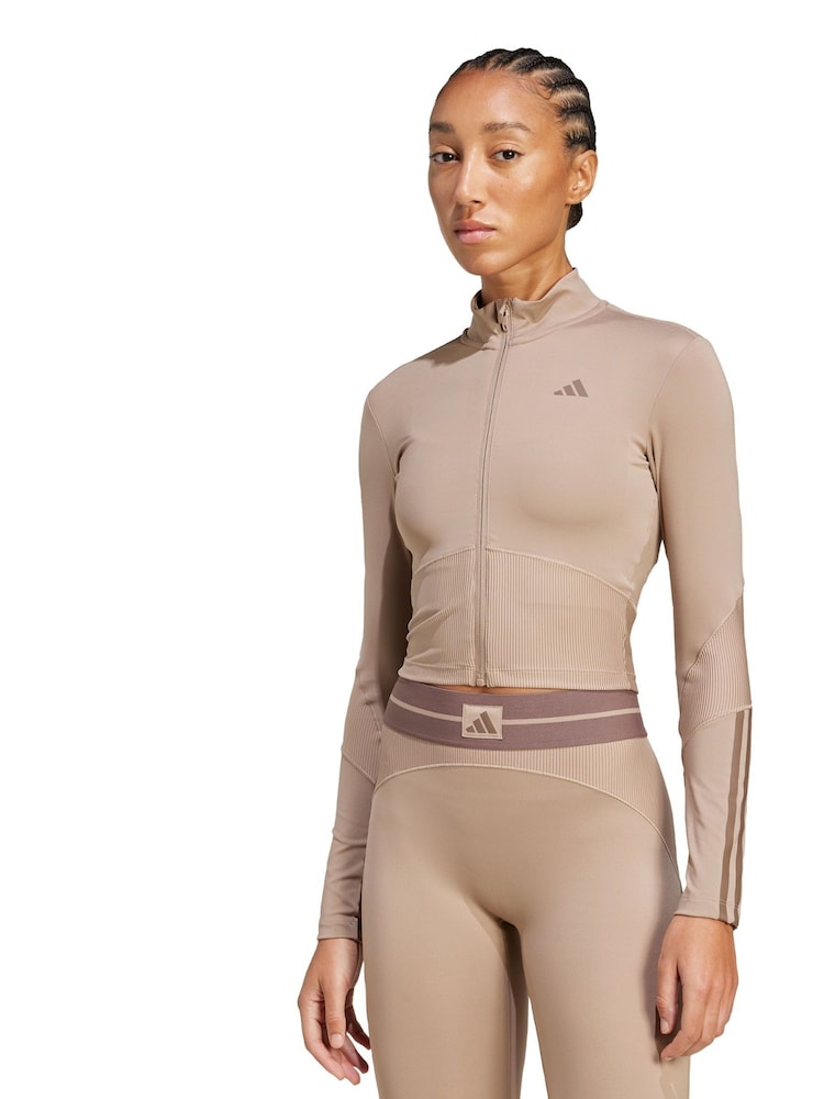adidas Brown Hyperglam Rib Zip Thru Cover-Up - Image 1 of 5 adidas Brown Hyperglam Rib Zip Thru Cover-Up - Image 1 of 5
