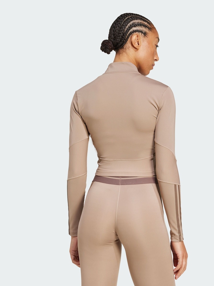 adidas Brown Hyperglam Rib Zip Thru Cover-Up - Image 2 of 5 adidas Brown Hyperglam Rib Zip Thru Cover-Up - Image 2 of 5