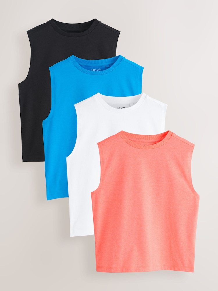 Black/White/Blue/Fluro Pink Tank Vest 4 Pack (3-16yrs) - Image 1 of 8 Black/White/Blue/Fluro Pink Tank Vest 4 Pack (3-16yrs) - Image 1 of 8