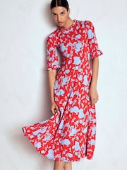 Boden Red Ruffle Seamed Midi Dress - Image 4 of 6