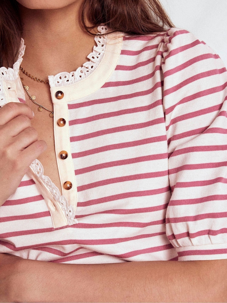 Boden Pink Puff Sleeve Henley T-Shirt - Image 2 of 6