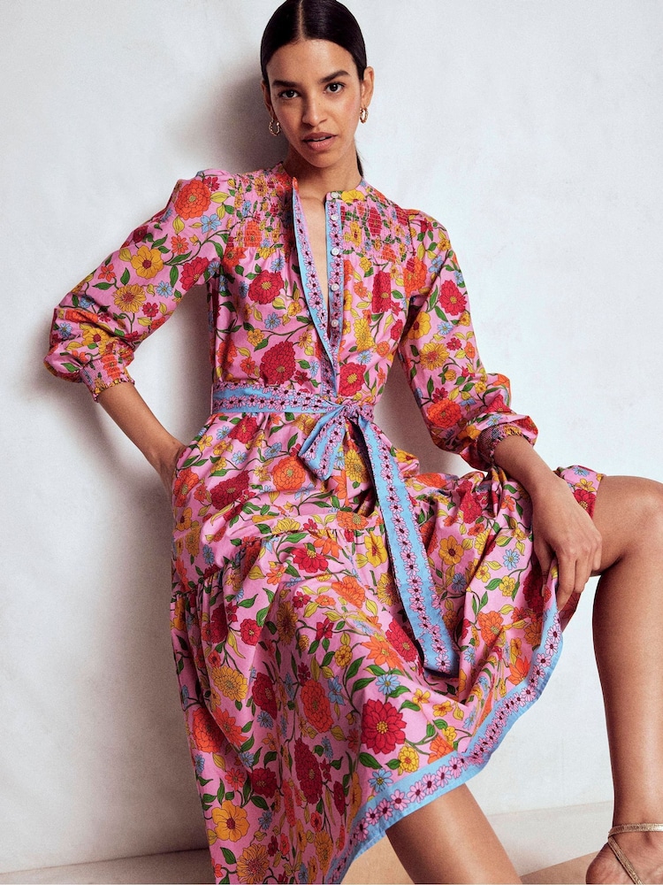 knee length dresses for ladies Cecily Cotton Midi Dress-Emerald Night, Ornate Meadow main image 0