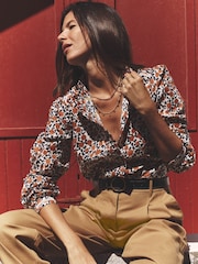 Boden Brown Helena Ruffle Neck Cotton Blouse - Image 1 of 6