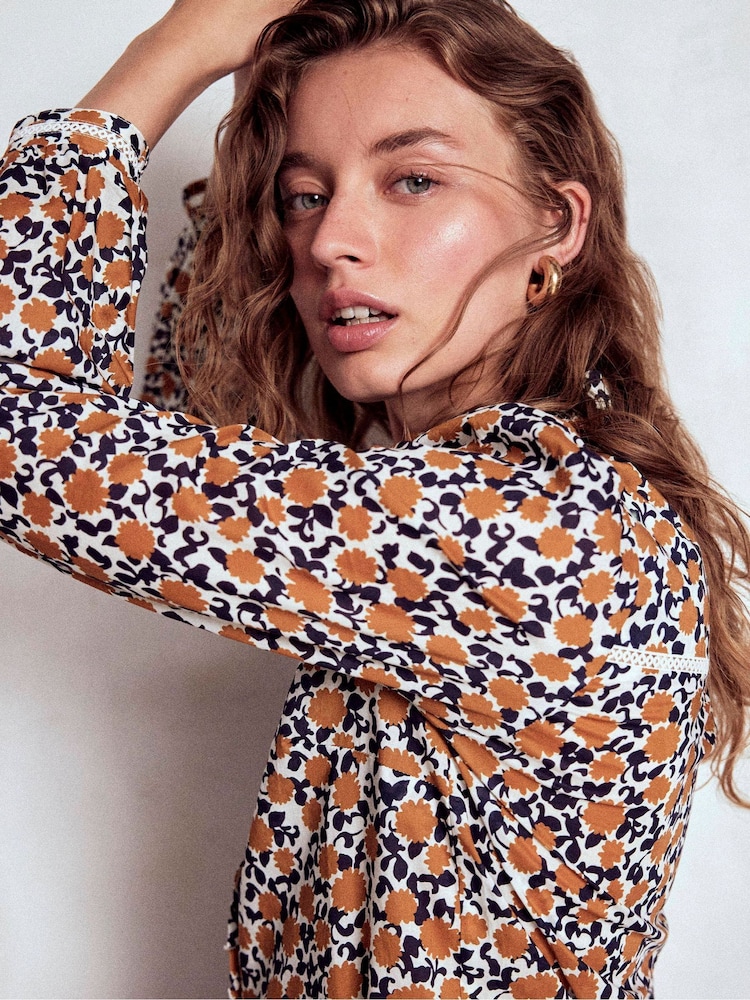 Boden Brown Helena Ruffle Neck Cotton Blouse - Image 2 of 6