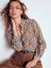 Boden Brown Helena Ruffle Neck Cotton Blouse - Image 5 of 6