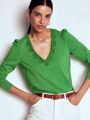 Boden Green Flora Lace V-Neck Top - Image 1 of 5
