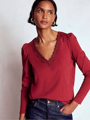 Boden Red Flora Lace V-Neck Top - Image 1 of 5