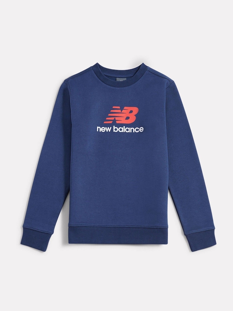 New Balance Blue Brush Back Stacked Logo Crew Sweatshirt - Image 1 of 3 New Balance Blue Brush Back Stacked Logo Crew Sweatshirt - Image 1 of 3
