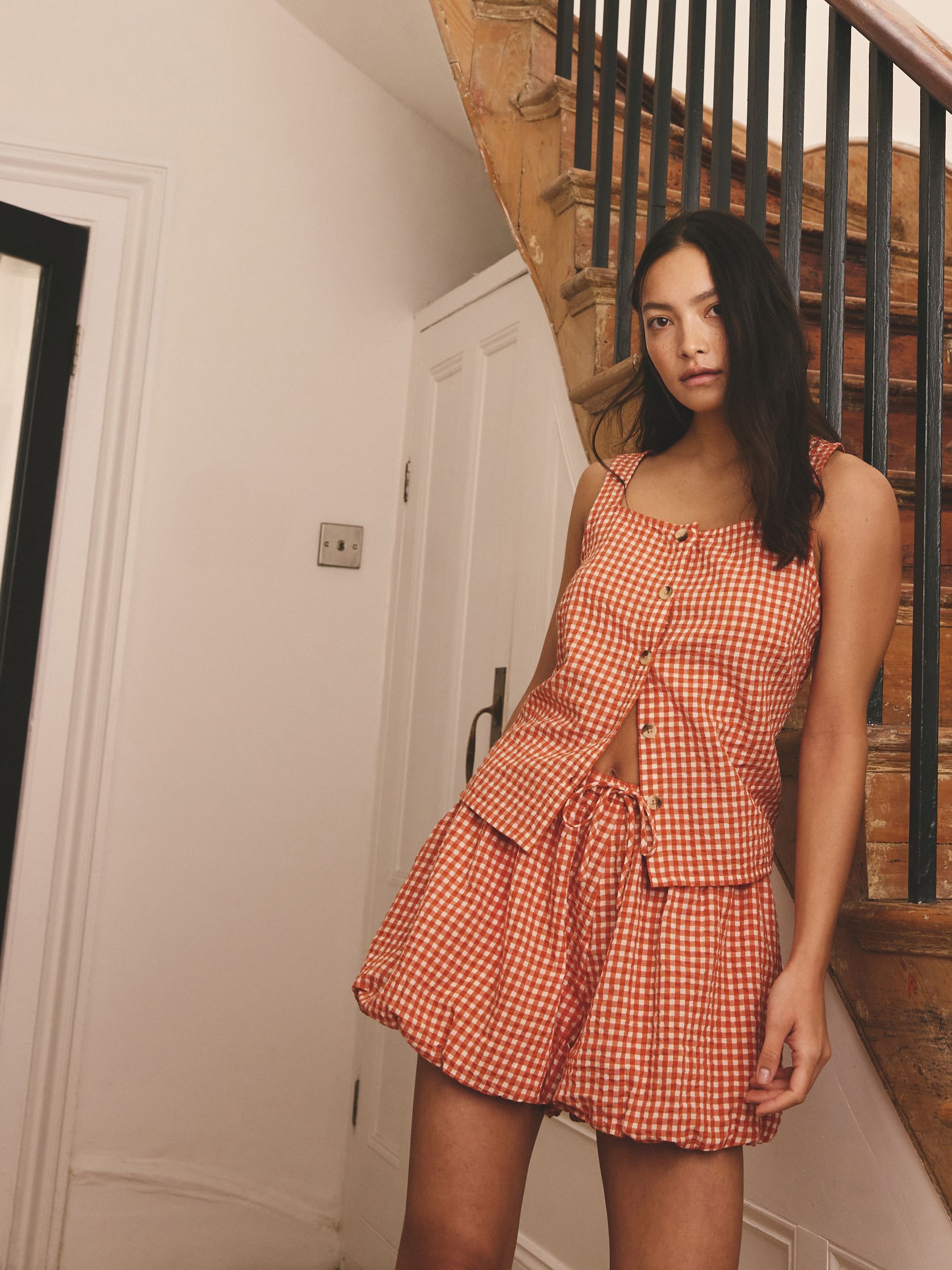SOOR PLOOM タートル GINGHAM PRINT CHERRY 2y Buy Orange Gingham Textured Summer Cotton Strappy Button Down Top