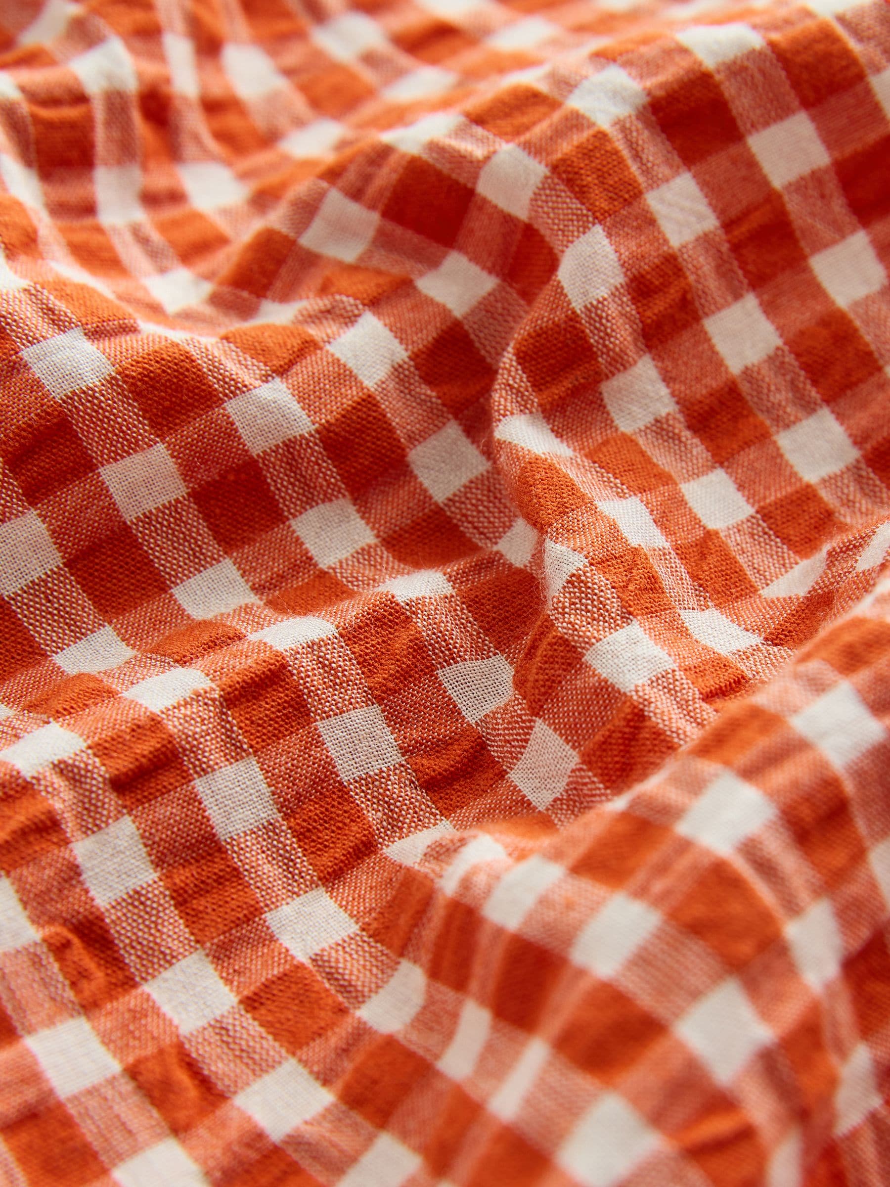 Buy Orange Gingham Textured Summer Cotton Strappy Button Down Top