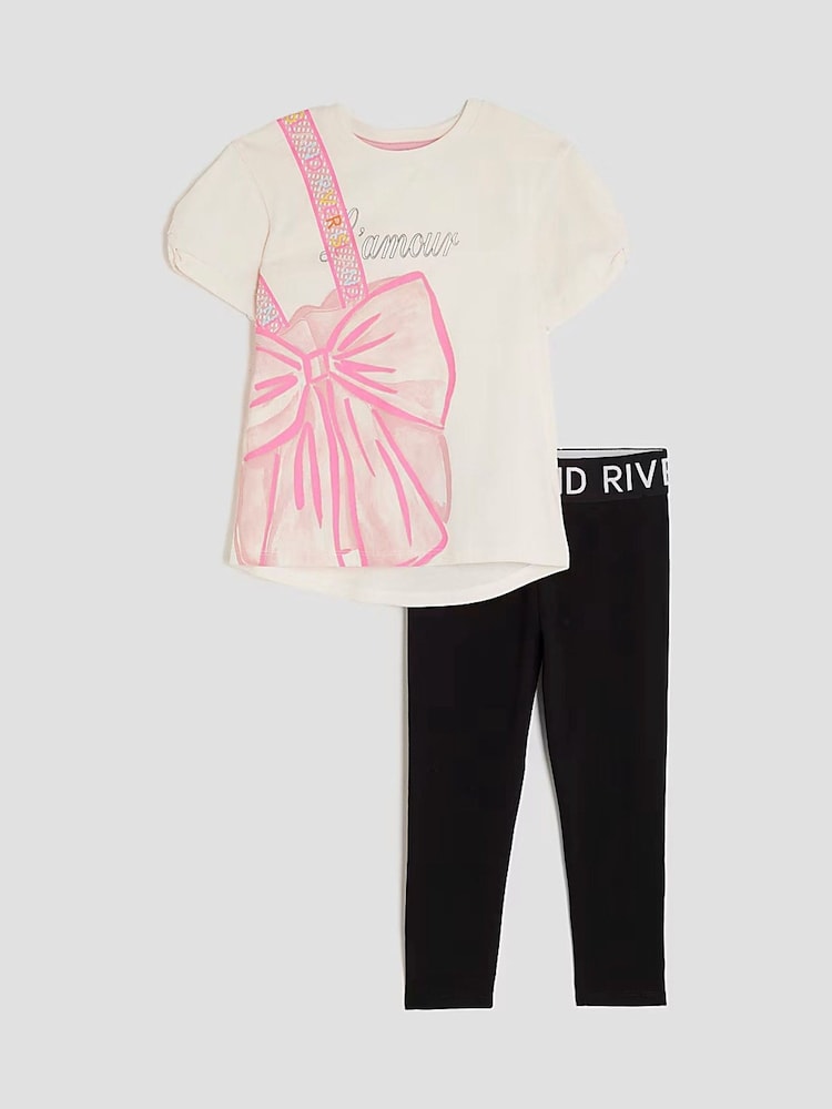 River Island Cream Lamour Bow Bag T-Shirt & Leggings Set - Image 1 of 5