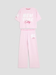 River Island Pink New York Graphic Crop T-Shirt & Wide Leg Joggers Set - Image 1 of 4