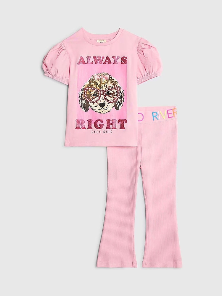 River Island Pink Always Right Dog T-Shirt & Rainbow Waistband Kickflare Leggings Set - Image 1 of 6