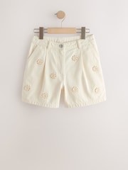 White Emrboidered Hem - Pullon Denim Shorts (3-16yrs) - Imaginea 1 din 4