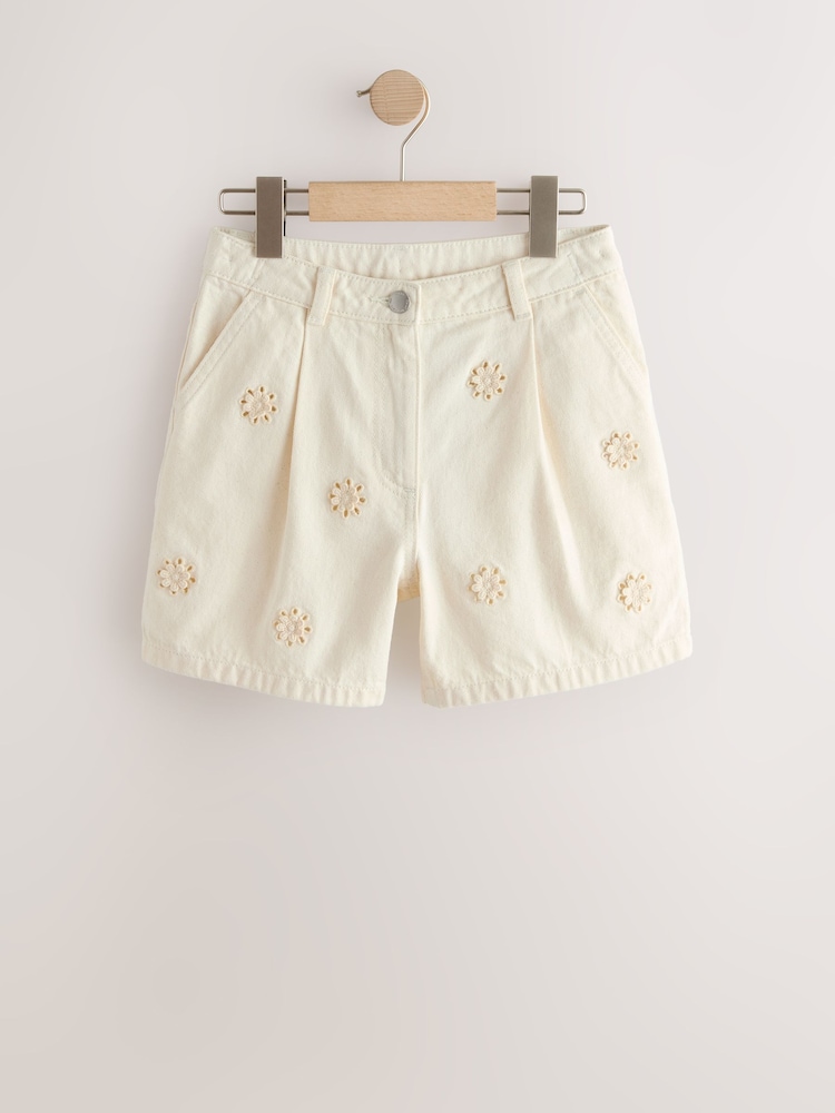 White Emrboidered Hem - Pullon Denim Shorts (3-16yrs) - Imaginea 1 din 4