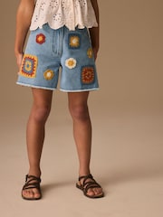 Mid Blue Denim Crochet Applique Crochet Denim Shorts (3-16yrs) - Image 1 of 8