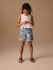 Mid Blue Denim Crochet Applique Crochet Denim Shorts (3-16yrs) - Image 2 of 8