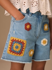 Mid Blue Denim Crochet Applique Crochet Denim Shorts (3-16yrs) - Image 4 of 8