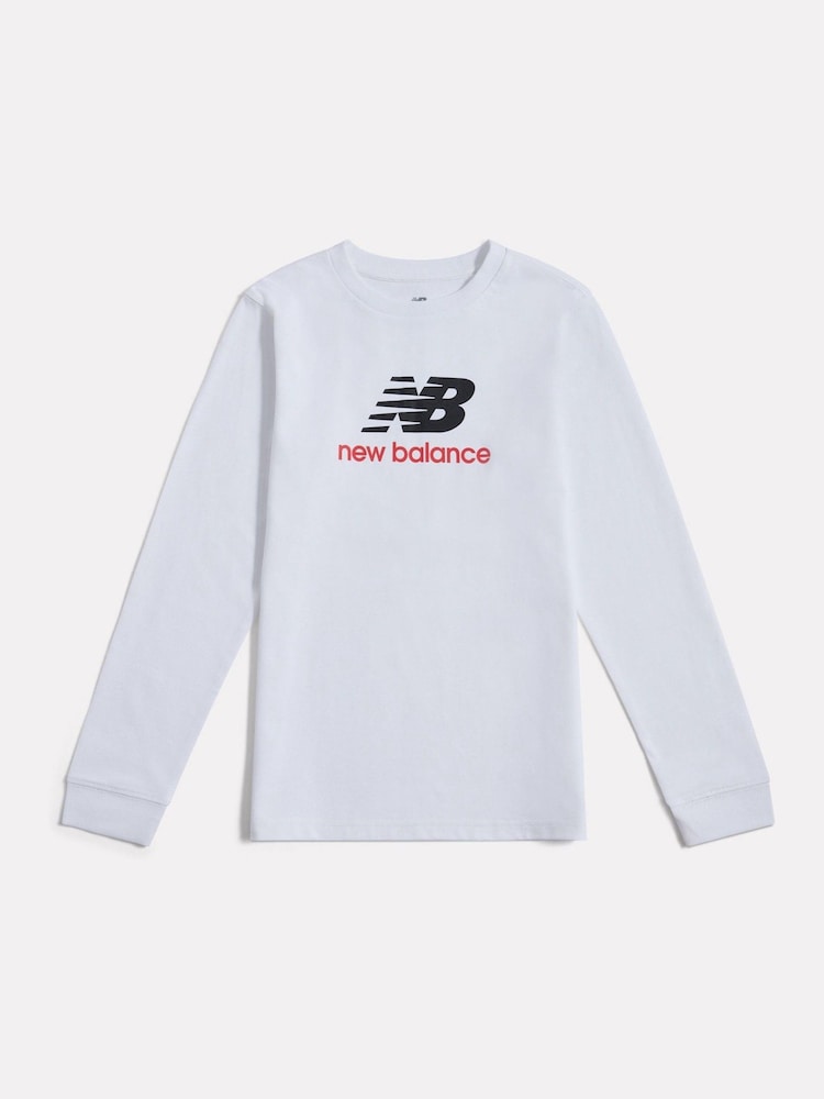 New Balance White Jersey Stacked Logo Long Sleeve T-Shirt - Image 1 of 3