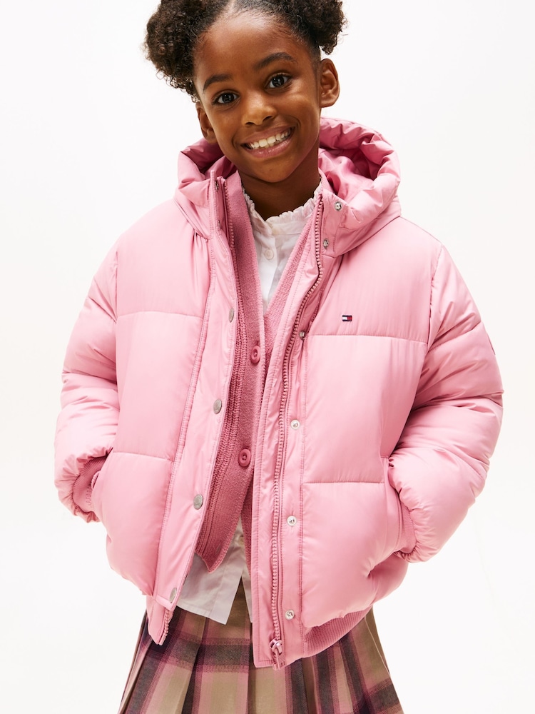 Tommy Hilfiger Pink Relaxed Hooded Puffer Jacket - Image 1 of 6 Tommy Hilfiger Pink Relaxed Hooded Puffer Jacket - Image 1 of 6