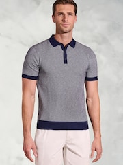 Brook Taverner Blue Geometric Knit Cotton Polo Shirt - Image 1 of 3