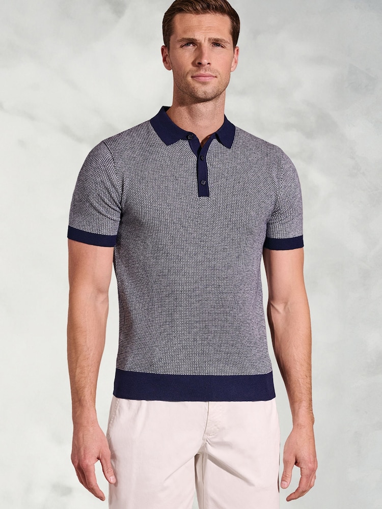 Brook Taverner Blue Geometric Knit Cotton Polo Shirt - Image 1 of 3