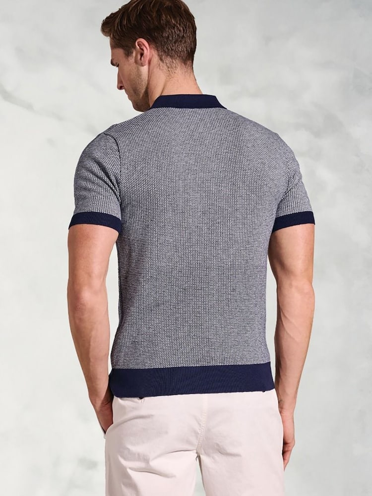 Brook Taverner Blue Geometric Knit Cotton Polo Shirt - Image 2 of 3