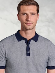 Brook Taverner Blue Geometric Knit Cotton Polo Shirt - Image 3 of 3