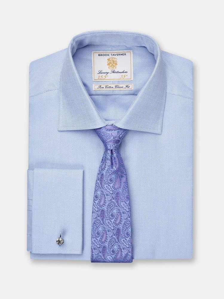 Brook Taverner Blue Double Cuff Herringbone Cotton Shirt - Image 1 of 3
