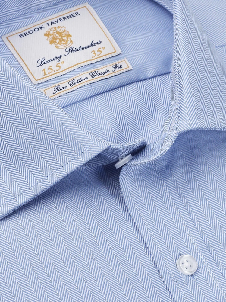 Brook Taverner Blue Double Cuff Herringbone Cotton Shirt - Image 2 of 3