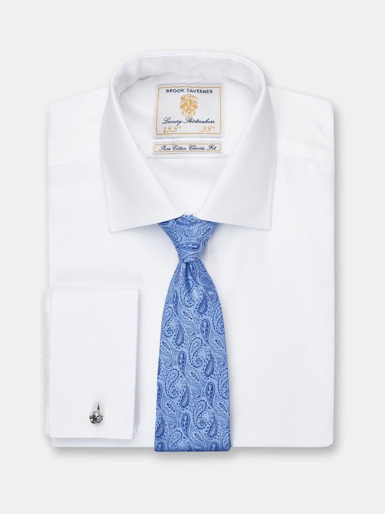 Brook Taverner White Double Cuff Herringbone Cotton Shirt - Image 1 of 3