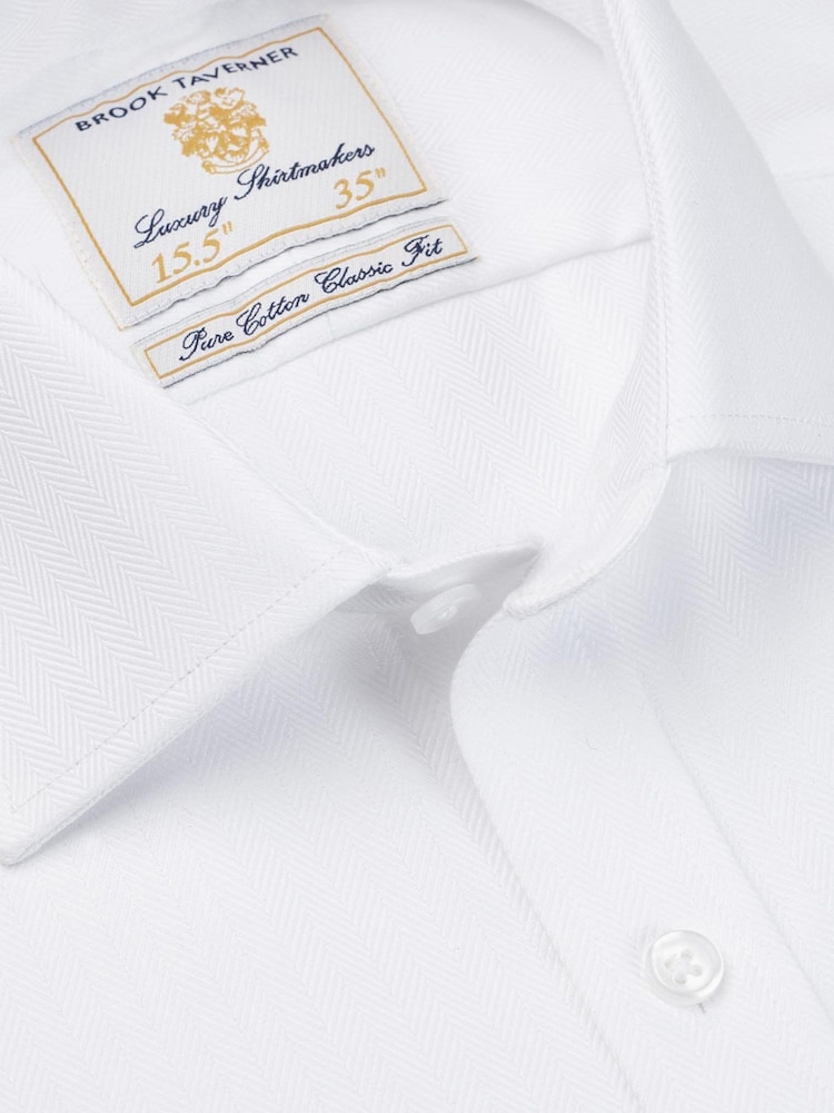 Brook Taverner White Double Cuff Herringbone Cotton Shirt - Image 2 of 3