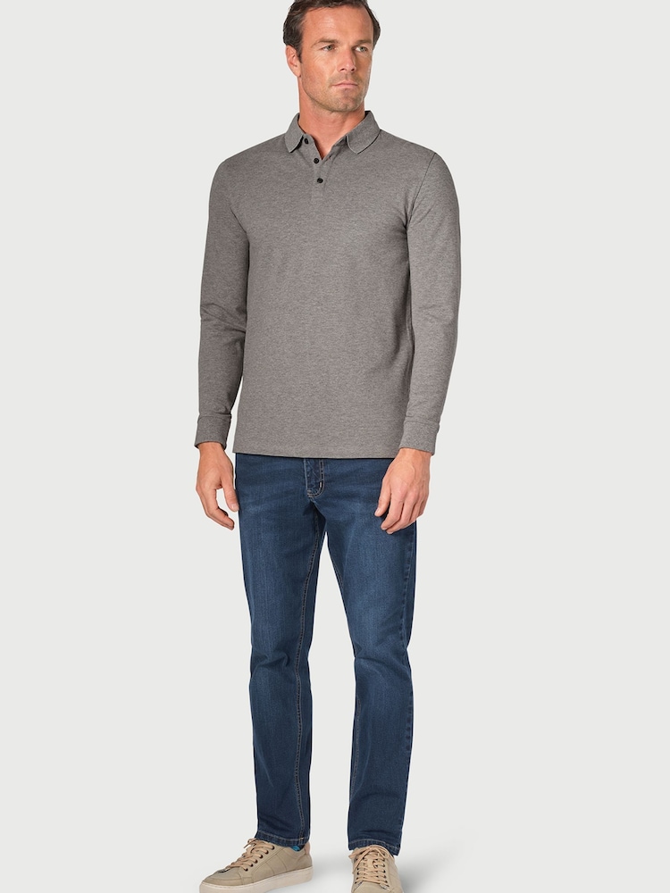 Brook Taverner Grey Long Sleeve Stretch Cotton Polo Shirt - Image 3 of 3 Brook Taverner Grey Long Sleeve Stretch Cotton Polo Shirt - Image 3 of 3